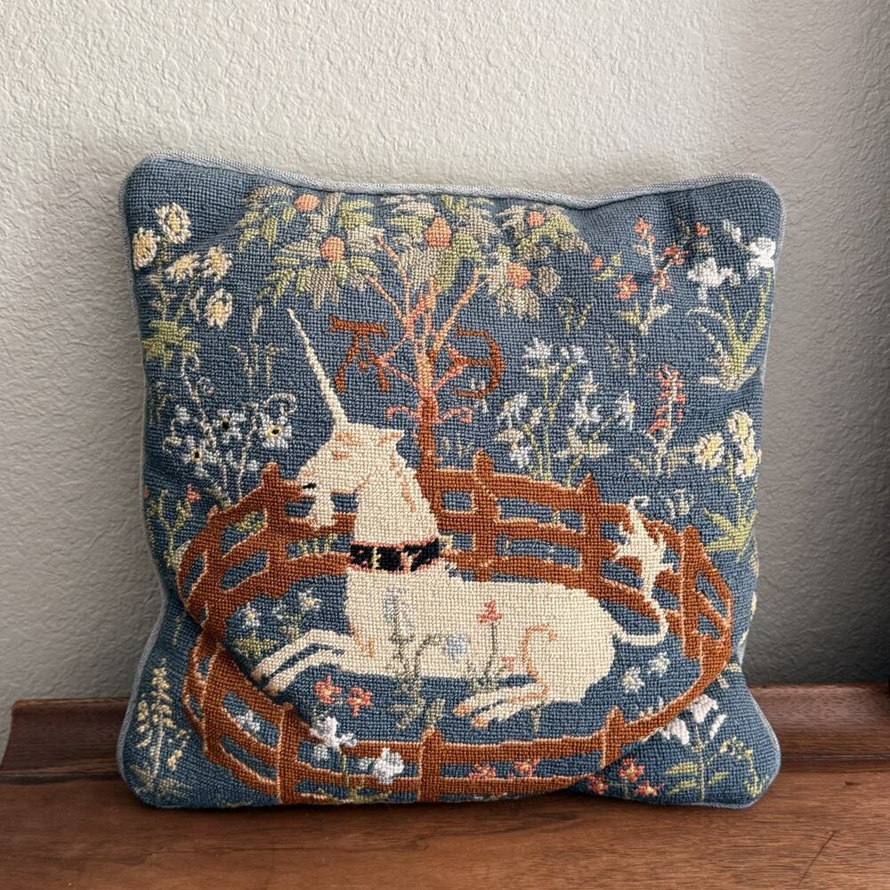 Vintage Goblys France Tapestry Small Decorative Pillow Captive Unicorn
